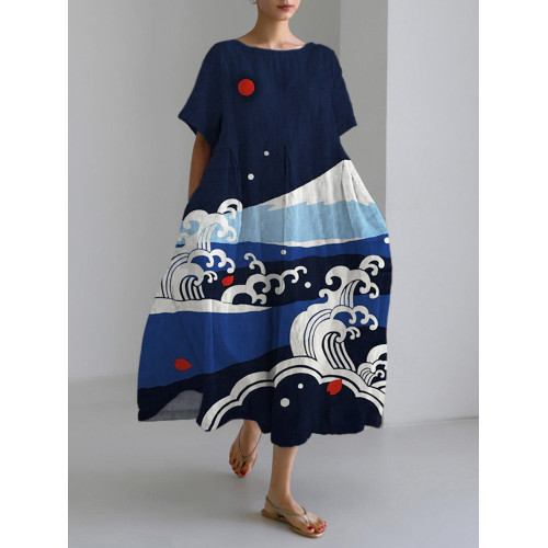 Japanese Art Print Linen Maxi Dress