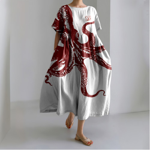 Japanese Art Retro Octopus Print Casual Midi Dress
