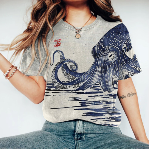 Japanese Art Sea World Vintage Octopus Graphic Painting Art T-Shirt
