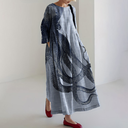 Japanese Art Stripe Octopus Print Casual Art  Linen Blend Long Sleeve Maxi Dress