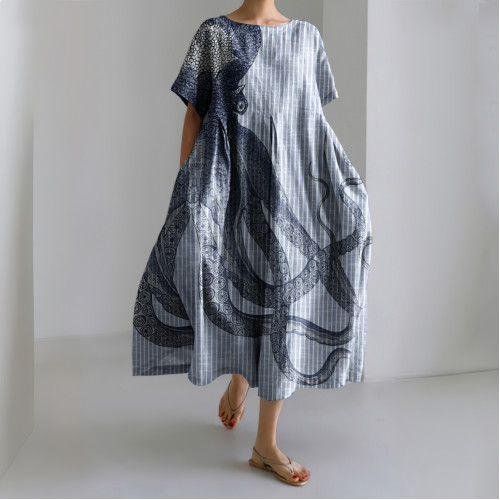 Japanese Art Stripe Octopus Print Casual Art Linen Blend Maxi Dress
