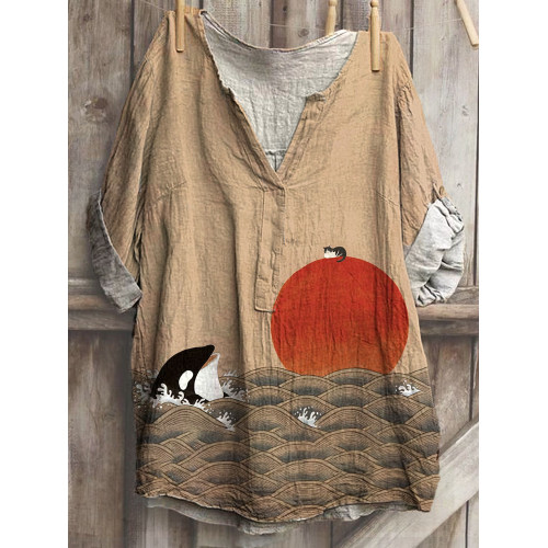 Japanese Art Sunrise Whale and Cat Print Cotton Blend Shirt