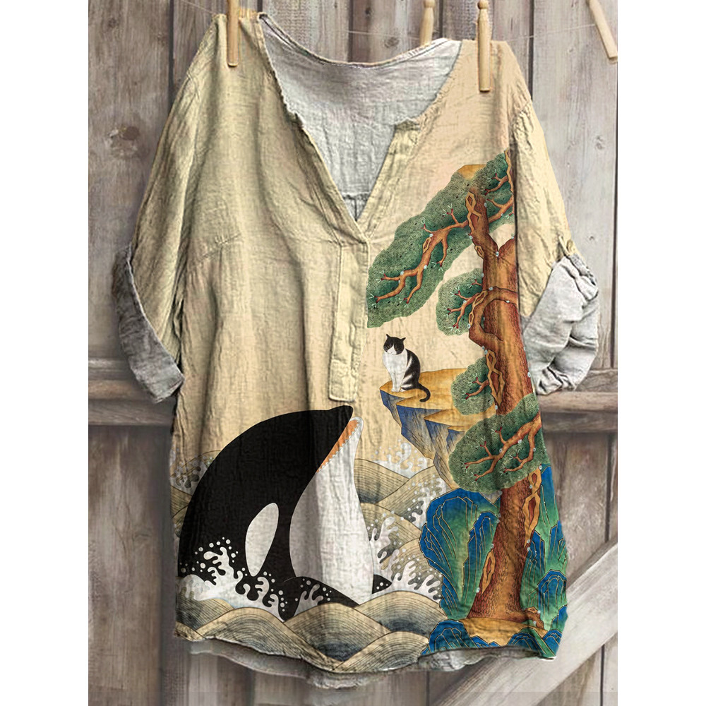Japanese Art Sunrise Whale and Cat Print Cotton Blend Shirt