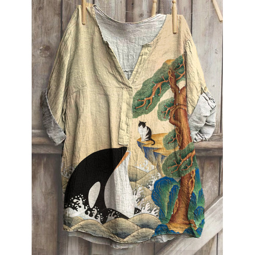 Japanese Art Sunrise Whale and Cat Print Cotton Blend Shirt