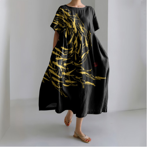 Japanese Art Vintage Flock Of Fish Print Casual Art Linen Blend Maxi Dress