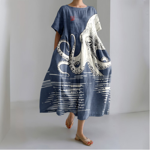 Japanese Art Vintage Octopus Graphic Sea World Painting Art Midi Dress