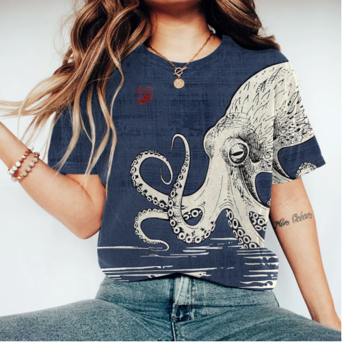 Japanese Art Vintage Octopus Graphic Sea World Painting Art T-Shirt