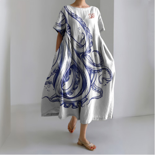 Japanese Art Vintage Octopus Print Casual Midi Dress