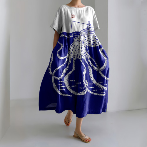 Japanese Art Vintage Sea Life Octopus Fishing Print Casual Art Linen Blend Maxi Dress