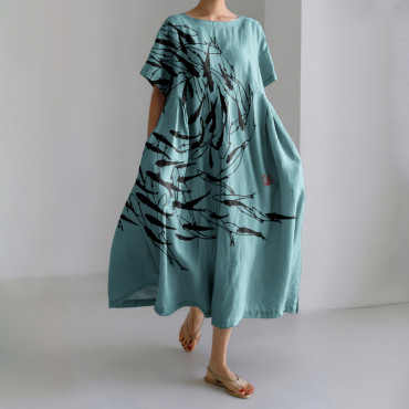 Japanese Art Vintage Sea World Flock Of Fish Print Casual Art Linen Blend Maxi Dress