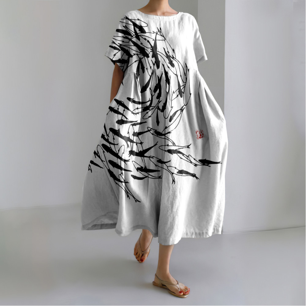 Japanese Art Vintage Sea World Flock Of Fish Print Casual Art Linen Blend Maxi Dress