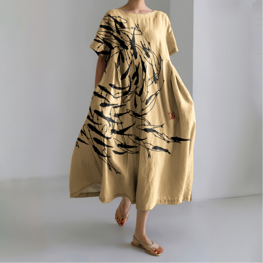 Japanese Art Vintage Sea World Flock Of Fish Print Casual Art Linen Blend Maxi Dress
