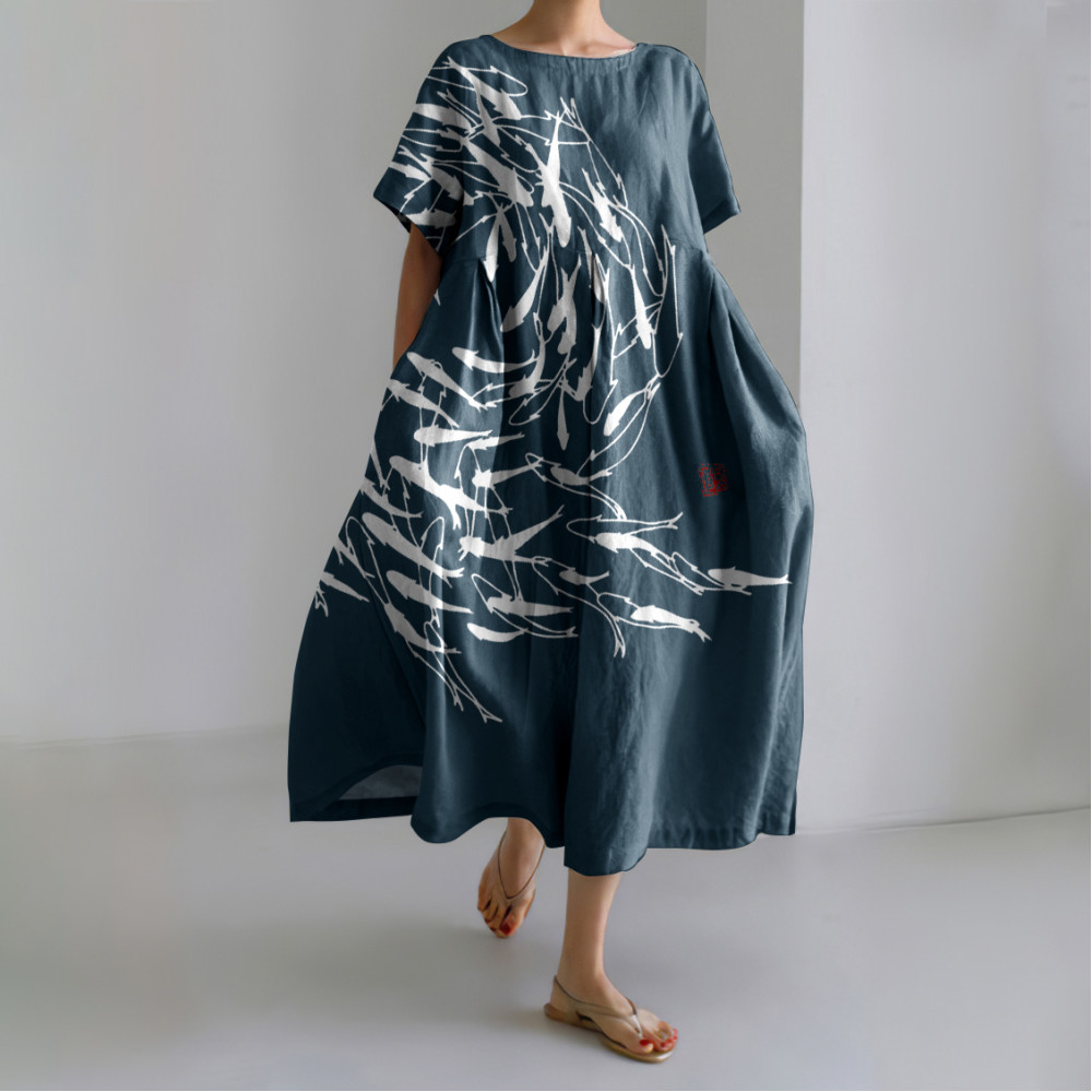 Japanese Art Vintage Sea World Flock Of Fish Print Casual Art Linen Blend Maxi Dress