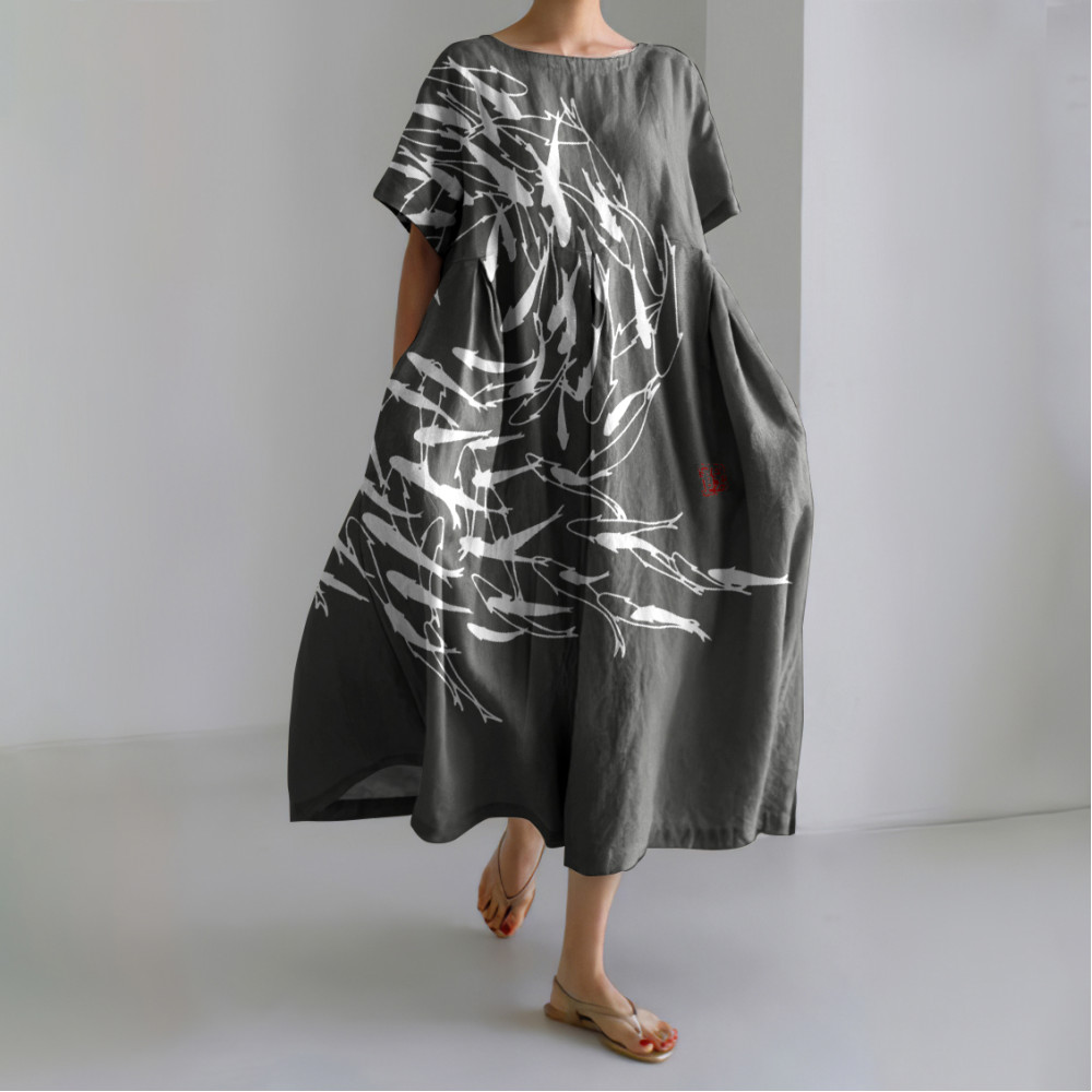 Japanese Art Vintage Sea World Flock Of Fish Print Casual Art Linen Blend Maxi Dress