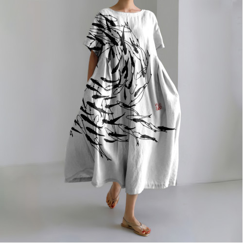 Japanese Art Vintage Sea World Flock Of Fish Print Casual Art Linen Blend Maxi Dress