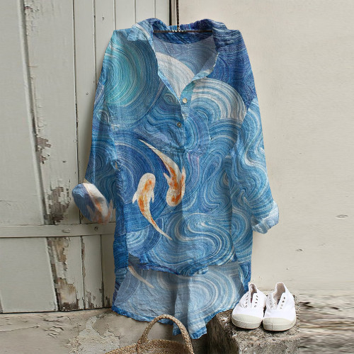 Japanese Art Wave Goldfish Print Casual Shirt