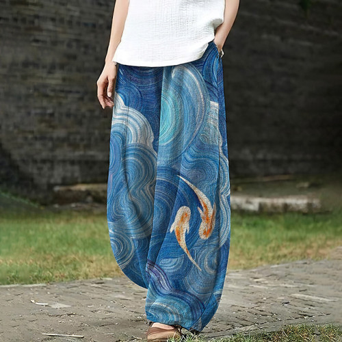 Japanese Art Wave Goldfish Print Loose Casual Pants