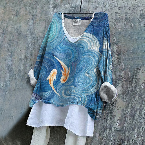 Japanese Art Wave Goldfish Print V-Neck Loose Blouse