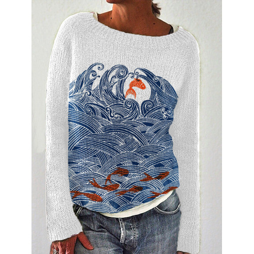 Japanese Art Wave and Fish Print Casua Comfortable Sweater