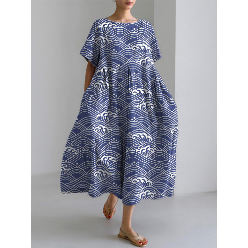 Japanese Art Waves Pattern Casual Cozy Linen Dress