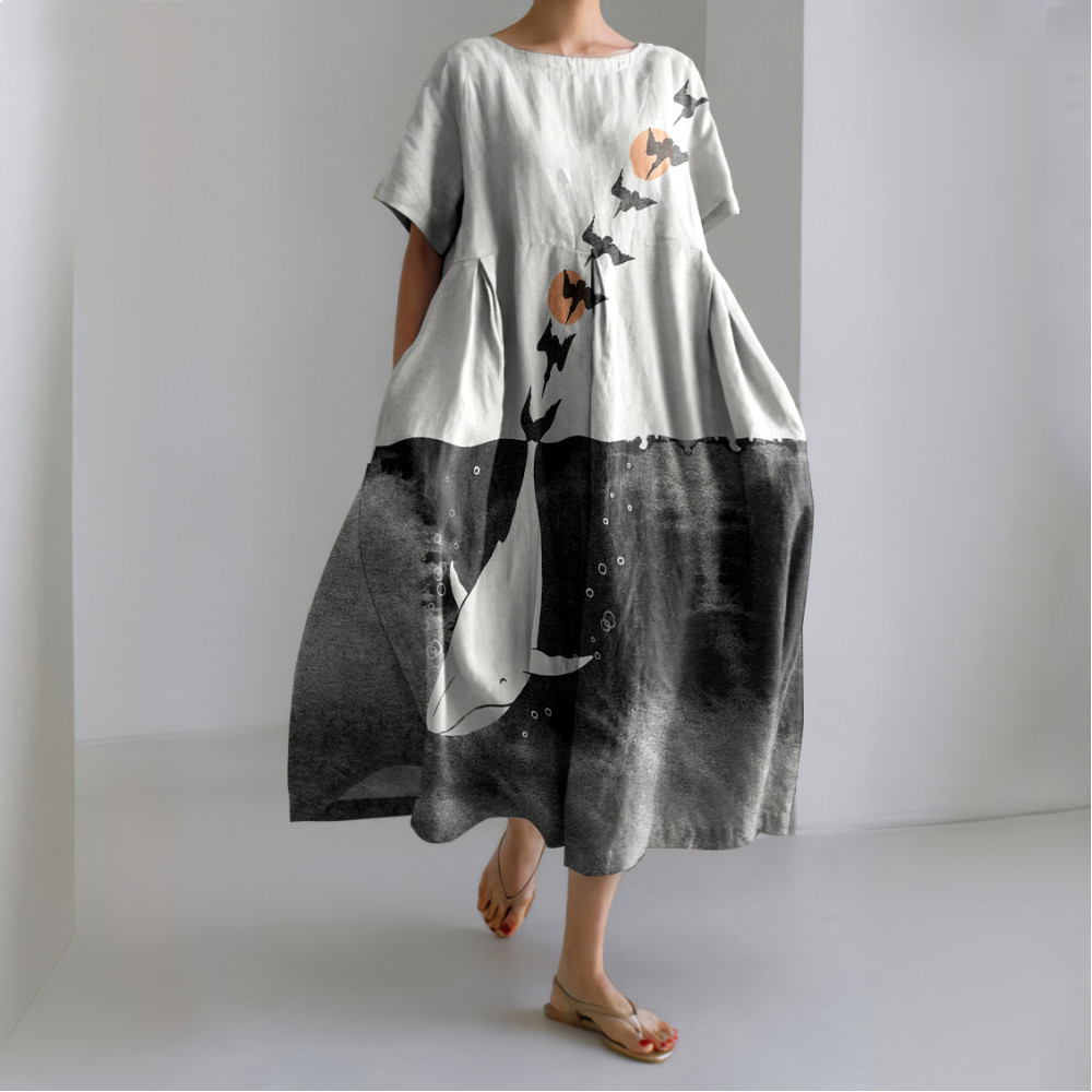 Japanese Art Whale Dive Into Happiness Art Painting Print Linen Blend Dress