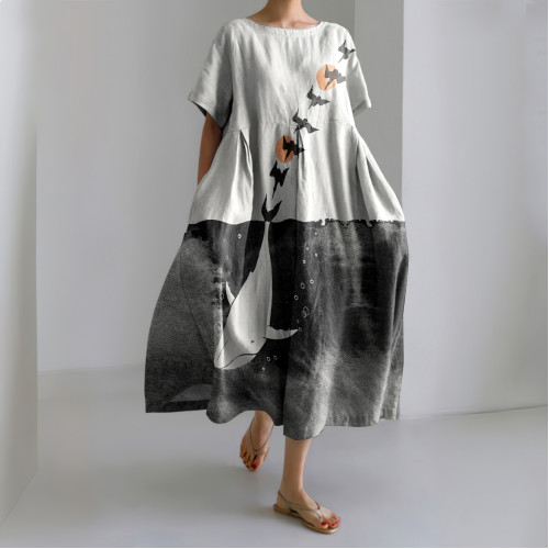 Japanese Art Whale Dive Into Happiness Art Painting Print Linen Blend Dress