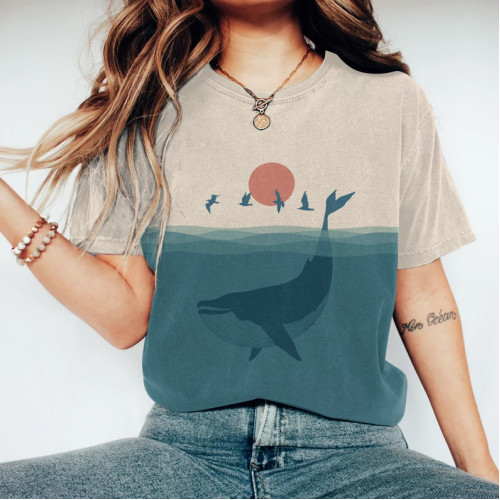 Japanese Art Whale Print Short Sleeve T-Shirt