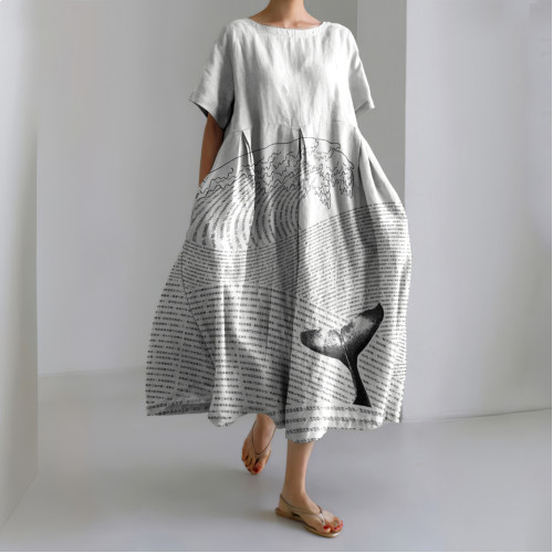 Japanese Art Whale Tail Art Painting Print Linen Blend Dress