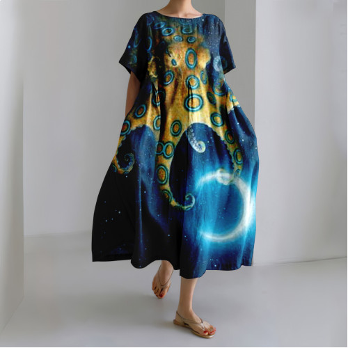 Japanese Blue Ringed Octopus Picking the Moon Art Linen Blend Casual Dress