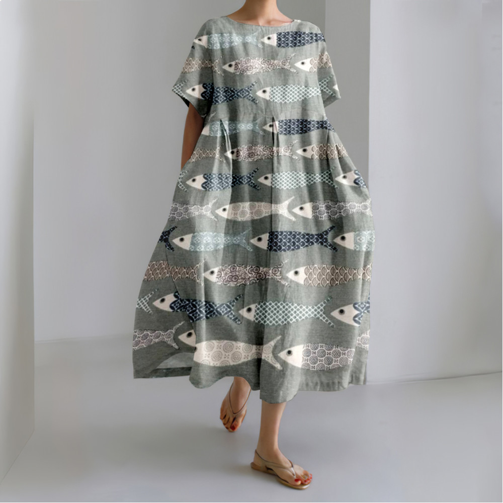 Japanese Casual Fish Art Linen Blend Maxi Dress
