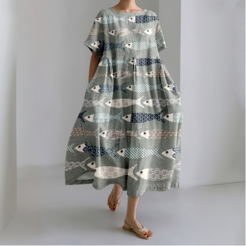 Japanese Casual Fish Art Linen Blend Maxi Dress