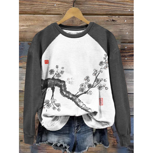Japanese Cherry Blossoms Art Contrast Sleeve Sweatshirt