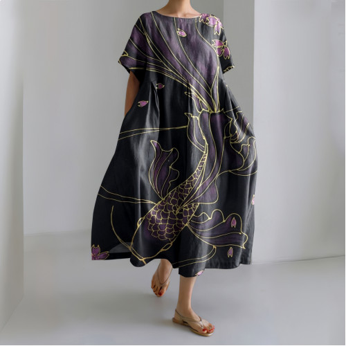 Japanese Cherry blossoms & Koi  Art Linen Blend Maxi Dress