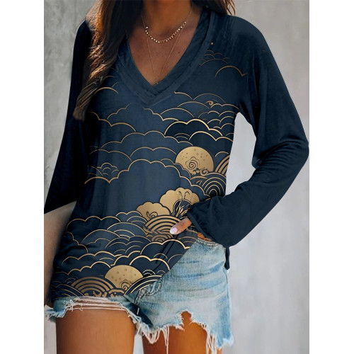 Japanese Clouds & Waves Art V Neck Casual T Shirt