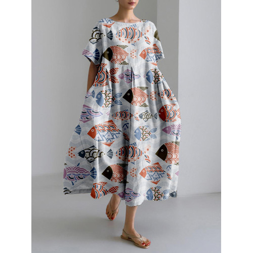 Japanese Colorful Fish Linen Blend Maxi Dress
