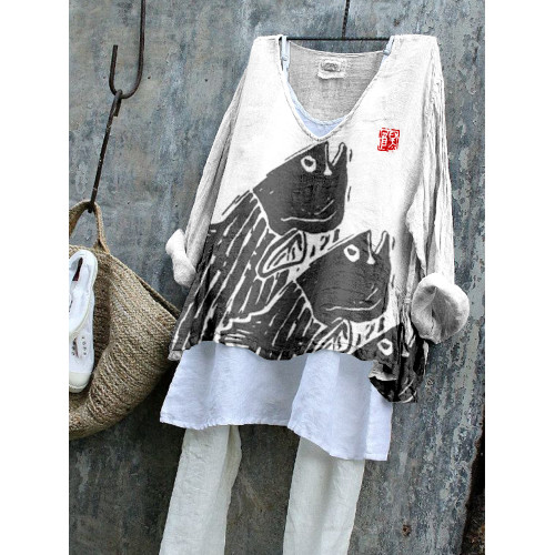 Japanese Fish Lino Art Linen Blend Tunic