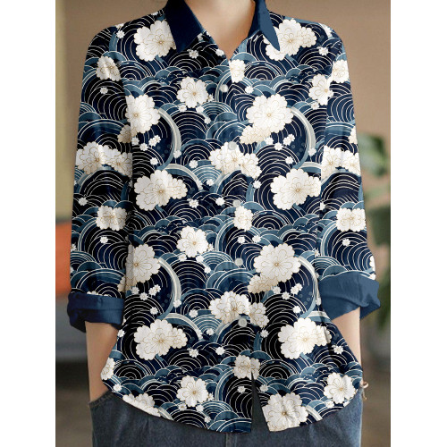 Japanese Flowers & Waves Linen Blend Cozy Blouse