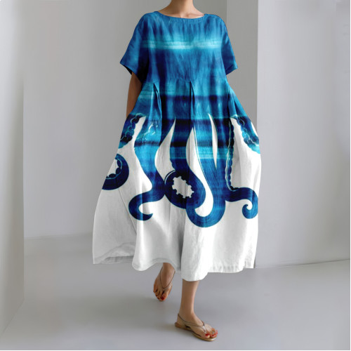 Japanese Gradient Ocean Octopus Art Linen Blend Casual Dress