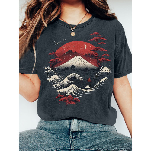 Japanese Great Wave Fuji Mountain Sunset Art Vintage T Shirt