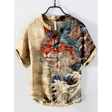 Japanese Great Wave Inspired Mysterious Cat Art Cozy Linen Blend Shirt