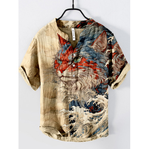 Japanese Great Wave Inspired Mysterious Cat Art Cozy Linen Blend Shirt