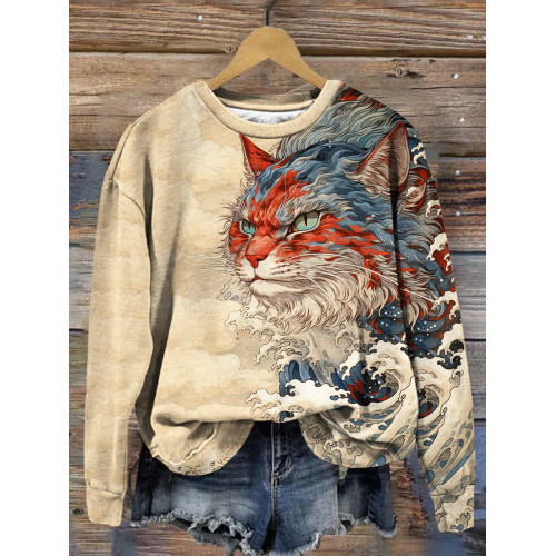 Japanese Great Wave Inspired Mysterious Cat Art Sweatshirt