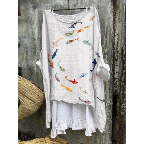 Japanese Inspire Fishes Linen Blend Tunic