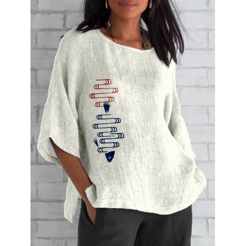 Japanese Inspired Fish Art Linen Blend Cozy Tunic