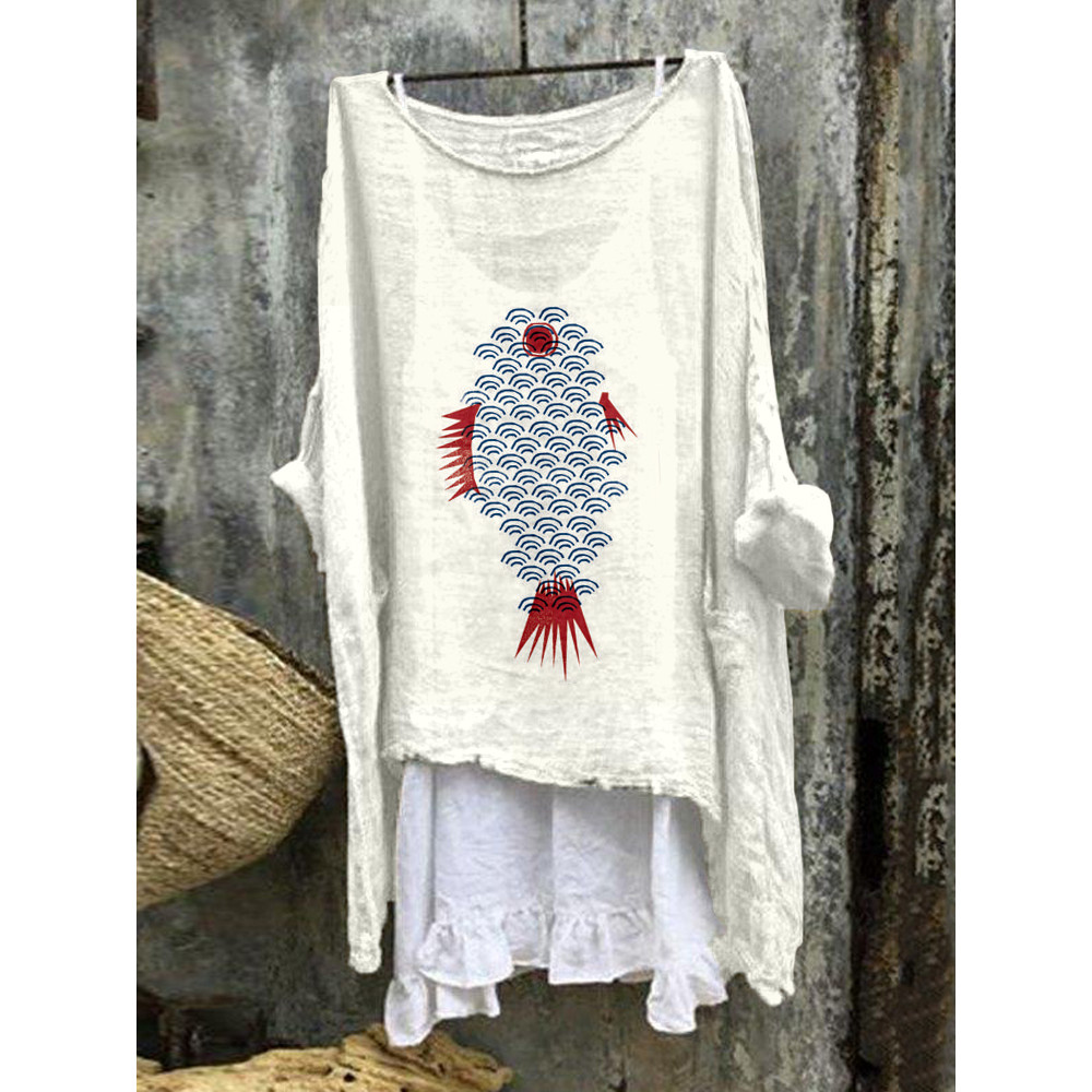 Japanese Inspired Fish Art Linen Blend Flowy Tunic