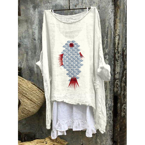 Japanese Inspired Fish Art Linen Blend Flowy Tunic
