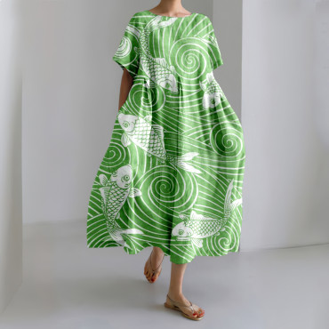 Japanese Koi Traditional Patterns Art Casual Linen Blend Maxi Dress