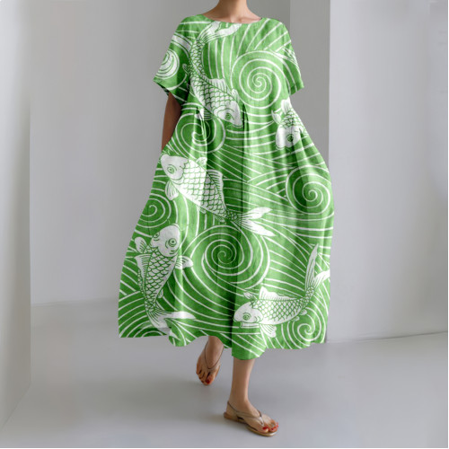 Japanese Koi Traditional Patterns Art Casual Linen Blend Maxi Dress