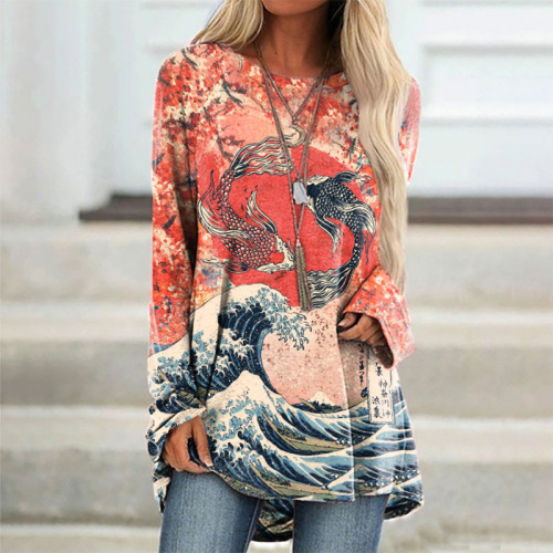 Japanese Koi Wave Print Cozy Long Sleeved Tunic