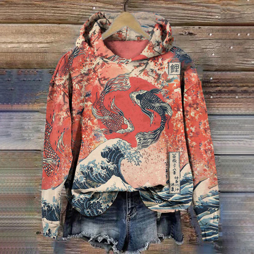 Japanese Koi Wave Print Hoodie